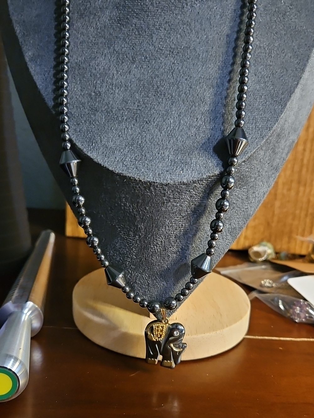 Black Beaded Elephant Pendant Necklace